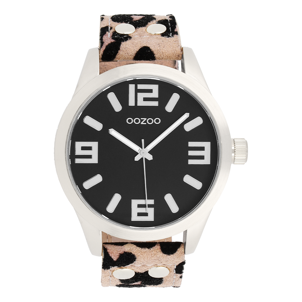 Silver coloured OOZOO watch with brown leather strap - C0901