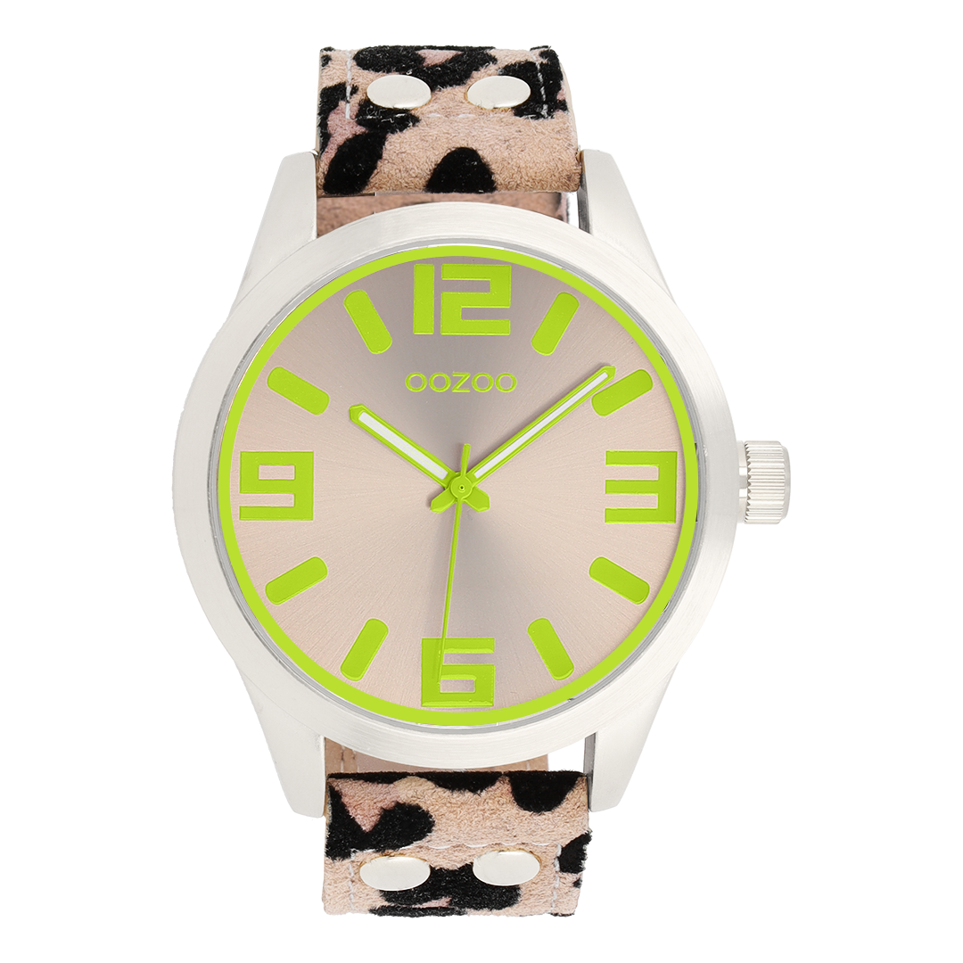 Zilverkleurige OOZOO horloge met bruine leren band - C0902