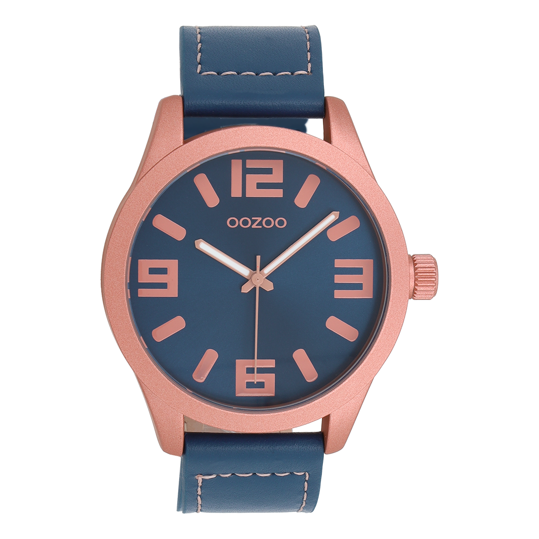 Pink rose OOZOO watch with dark blue leather strap - C0915