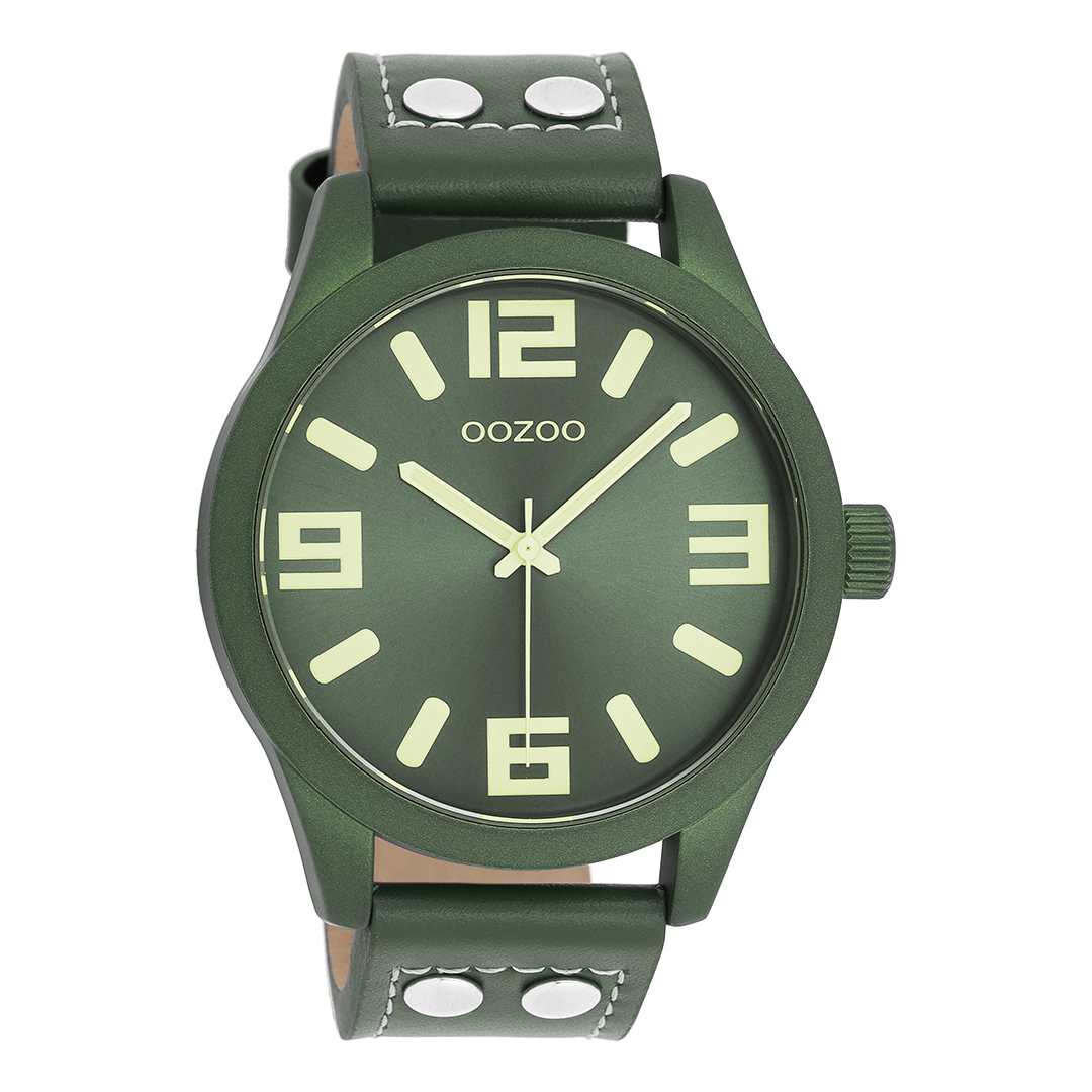 Oozoo C10537 - Orologio Uomo Con Cinturino In Pelle - Cassa 48mm Nera Opaca, Quadrante Verde Scuro - Movimento Quarzo Miyota