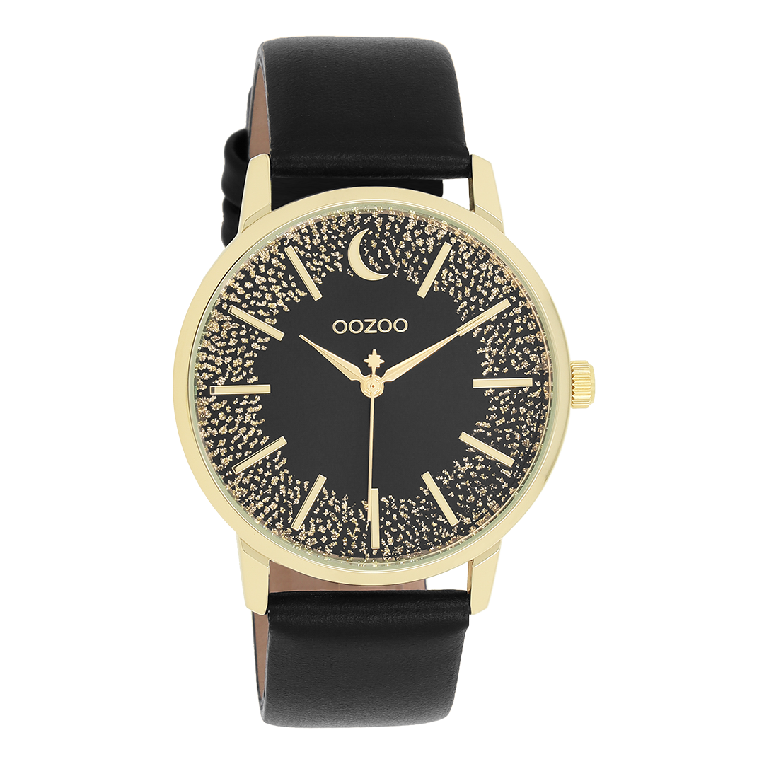 Goudkleurige OOZOO horloge met zwarte leren band - C11044