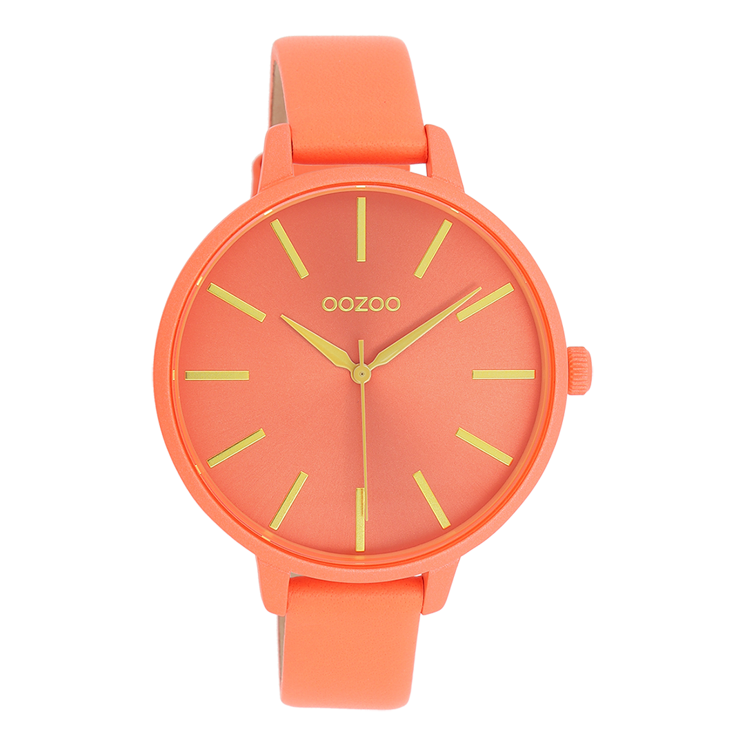 Neon red OOZOO watch with coral coloured leather strap - C11185