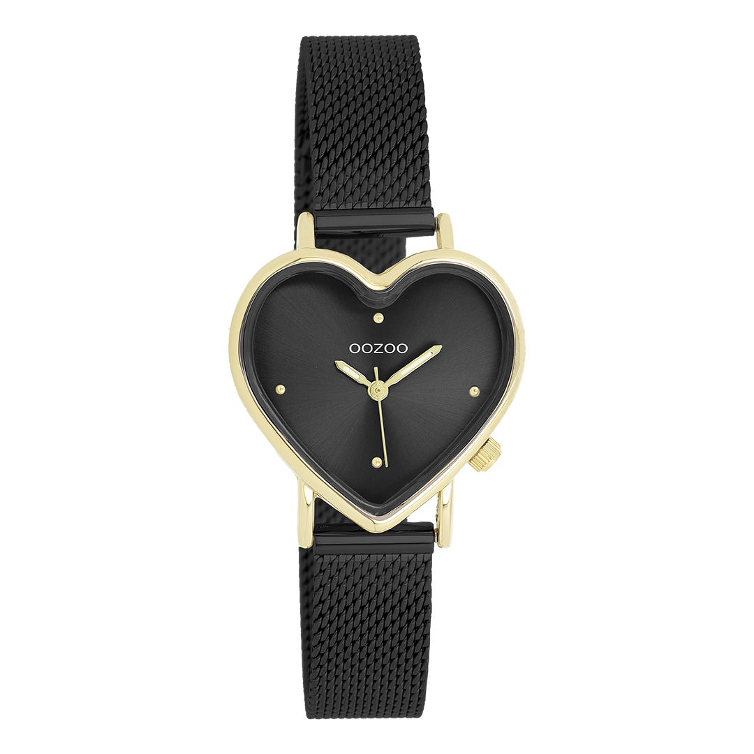 Goudkleurige OOZOO horloge met zwarte metalen mesh armband - C11447