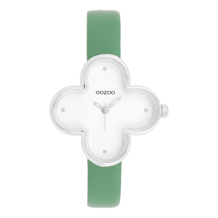 oozoo Zilverkleurige OOZOO horloge met groene leren band C11523