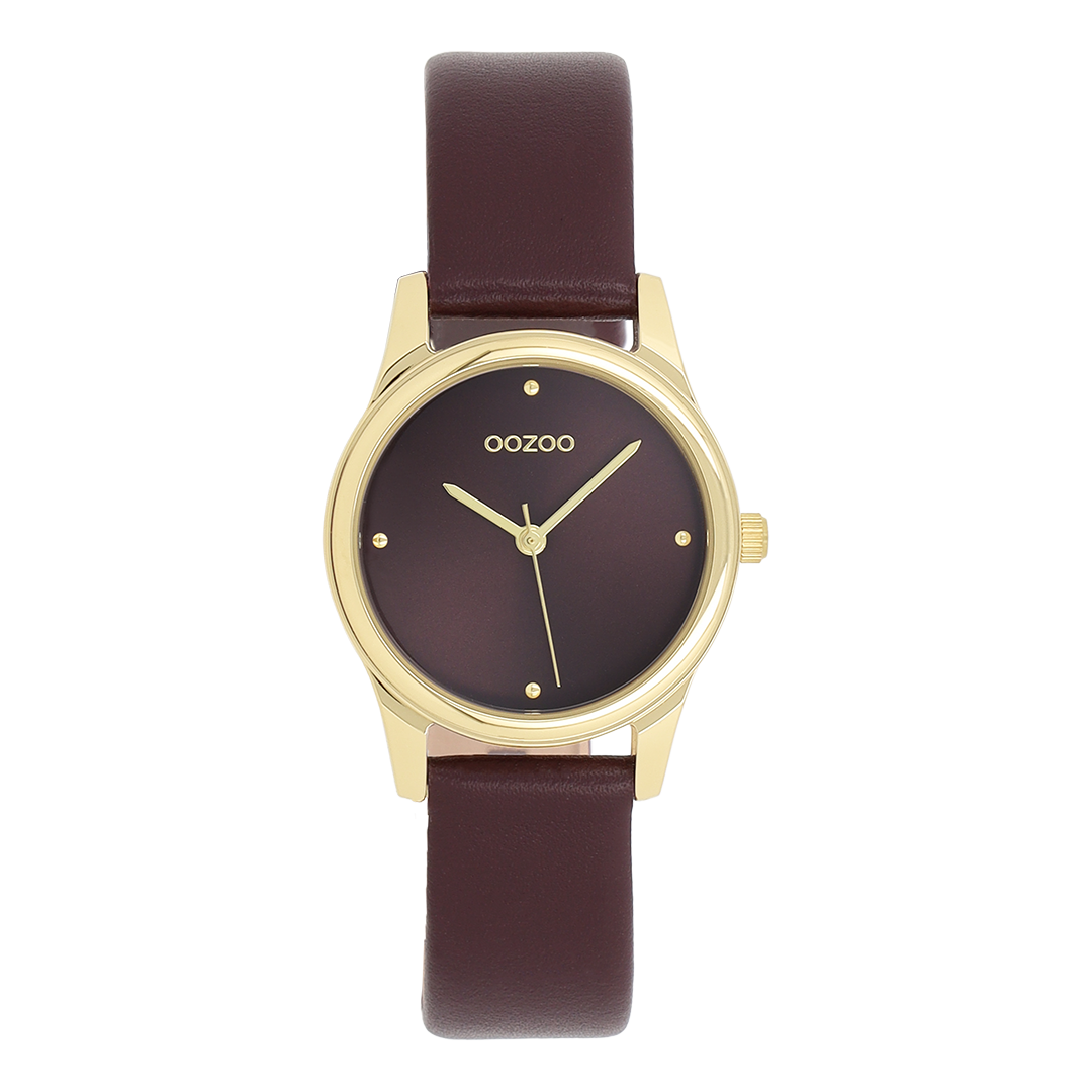 Goudkleurige OOZOO horloge met vijgenrode leren band - C11627