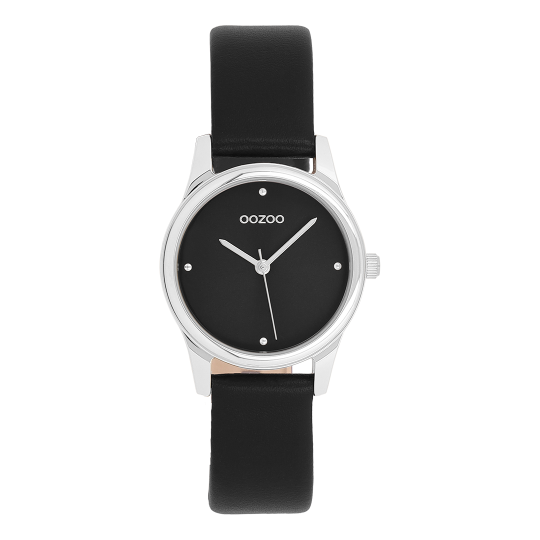 Zilverkleurige OOZOO horloge met zwarte leren band - C11628