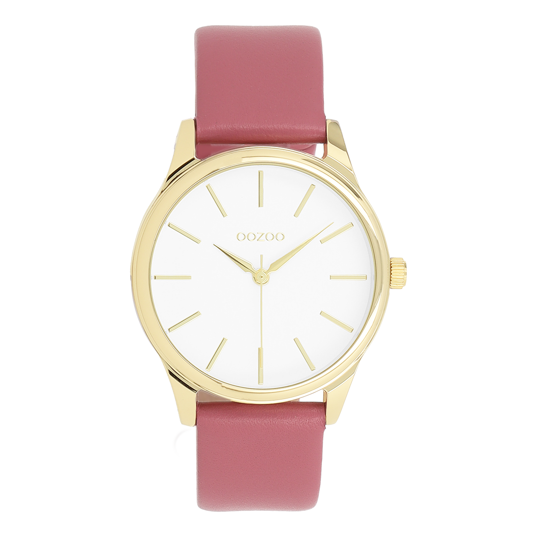 Goudkleurige OOZOO horloge met roze leren band - C11676