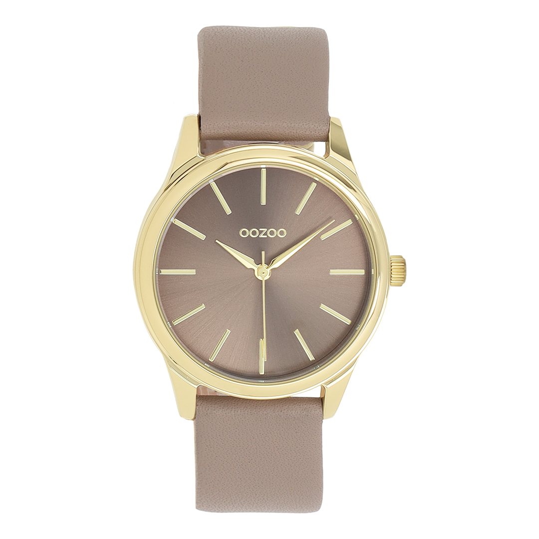 Goudkleurige OOZOO horloge met taupe leren band - C11677