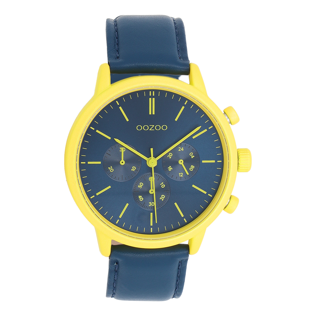Fluo yellow OOZOO watch with blue leather strap - C11709