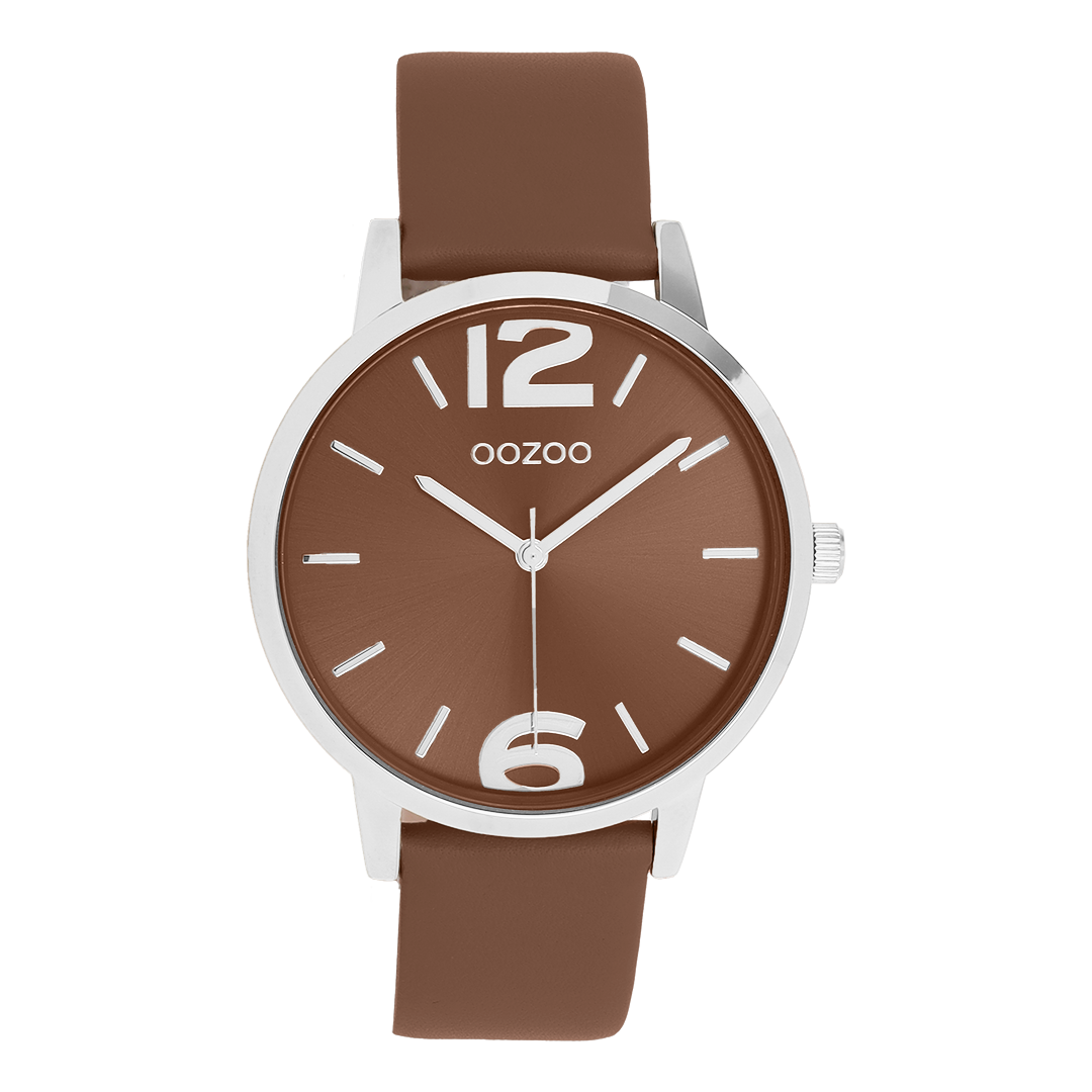 Silver coloured OOZOO watch with toffee brown leather strap - C11726
