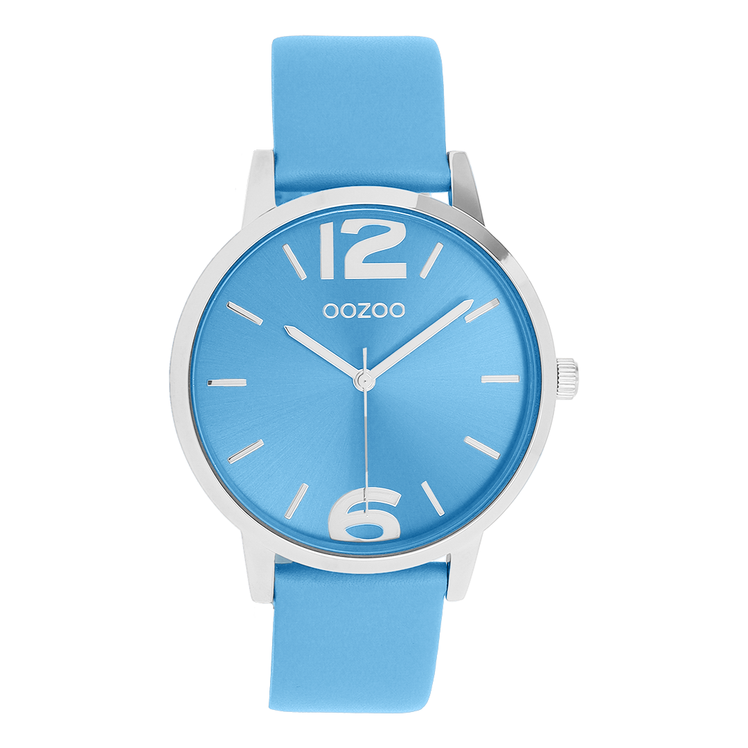 Silver coloured OOZOO watch with blue leather strap - C11727