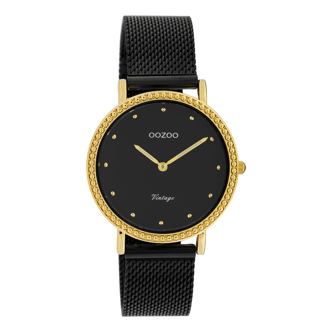 Gold coloured OOZOO watch with black metal mesh bracelet - C20058