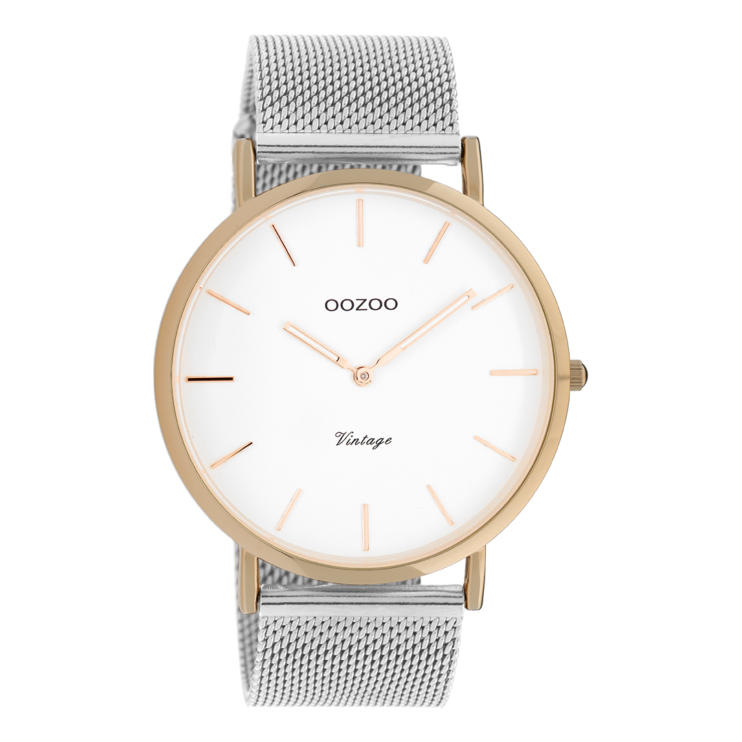 Rose gold coloured OOZOO watch with silver coloured metal mesh bracelet - C20070