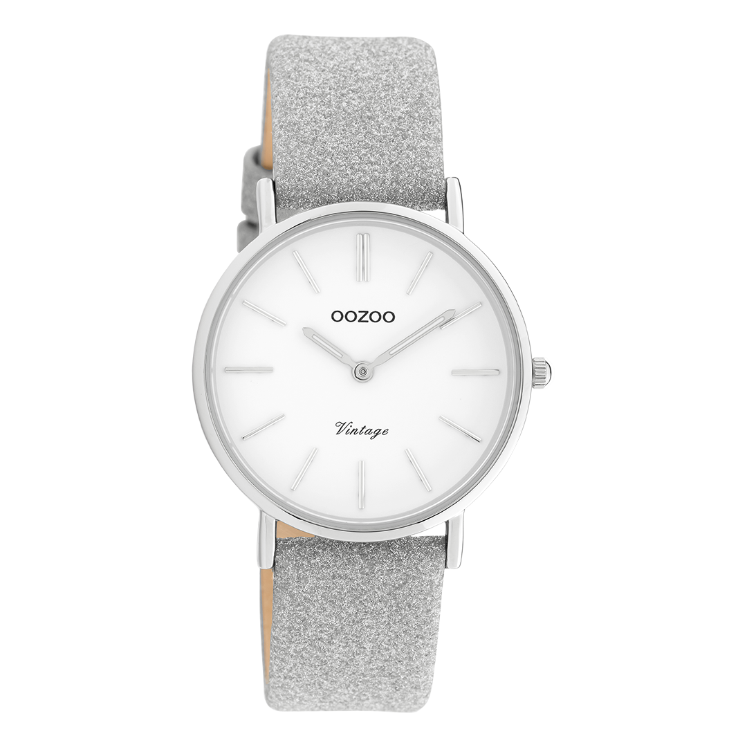 Zilverkleurige OOZOO horloge met leren band - C20155