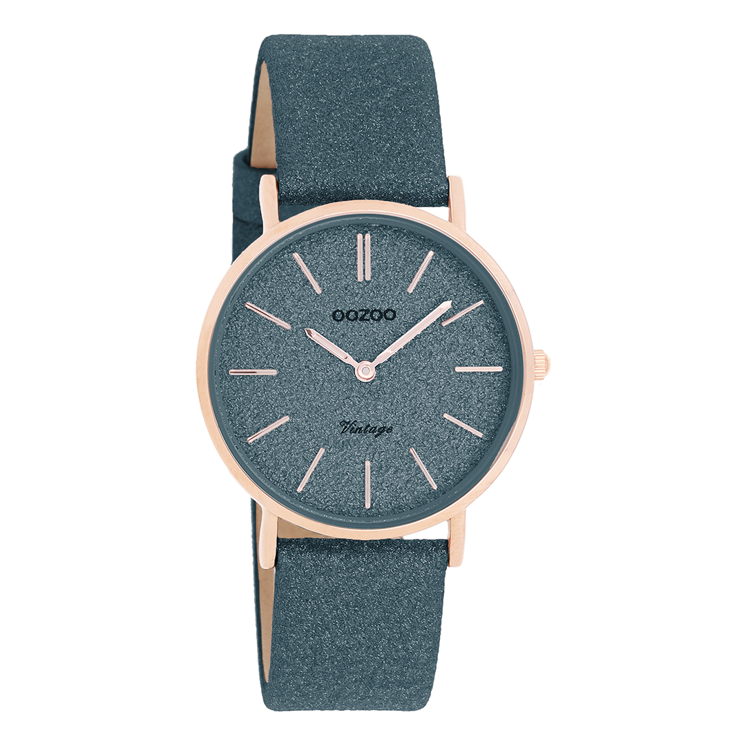 Rosé goudkleurige OOZOO horloge met donker blauwe leren band - C20203