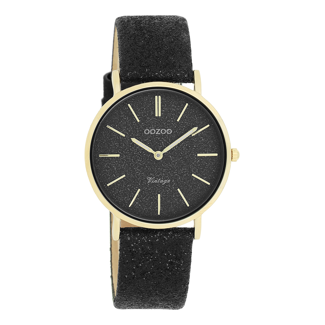 Goudkleurige OOZOO horloge met zwarte leren band - C20204