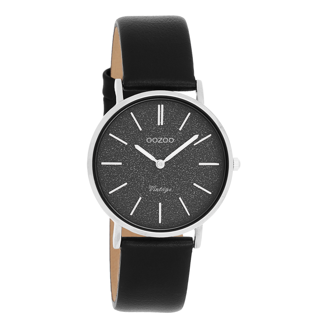 Zilverkleurige OOZOO horloge met zwarte leren band - C20208