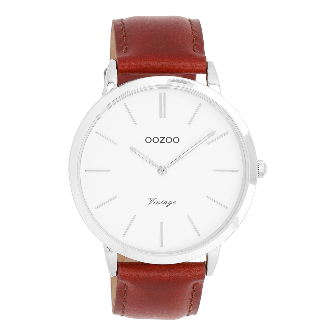 Zilverkleurige OOZOO horloge met bruine leren band - C20385