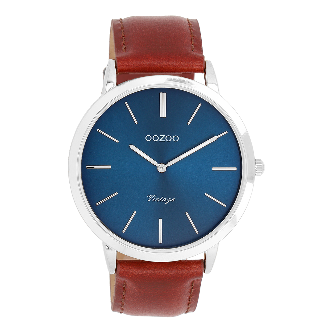Zilverkleurige OOZOO horloge met bruine leren band - C20387