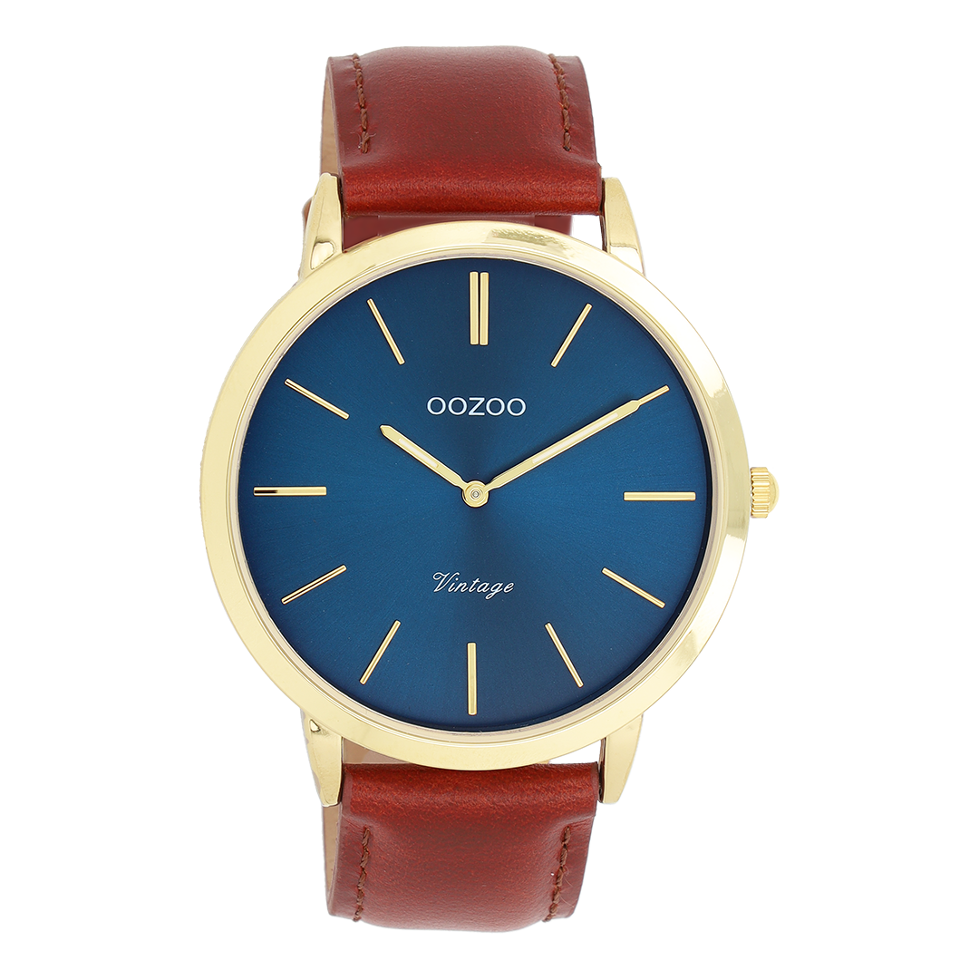 Goudkleurige OOZOO horloge met bruine leren band - C20388