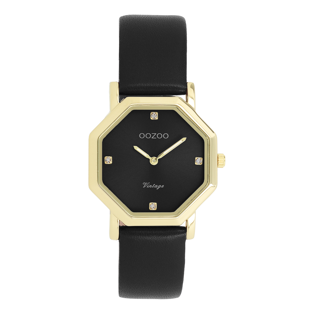 Gold coloured OOZOO watch with black leather strap - C20479