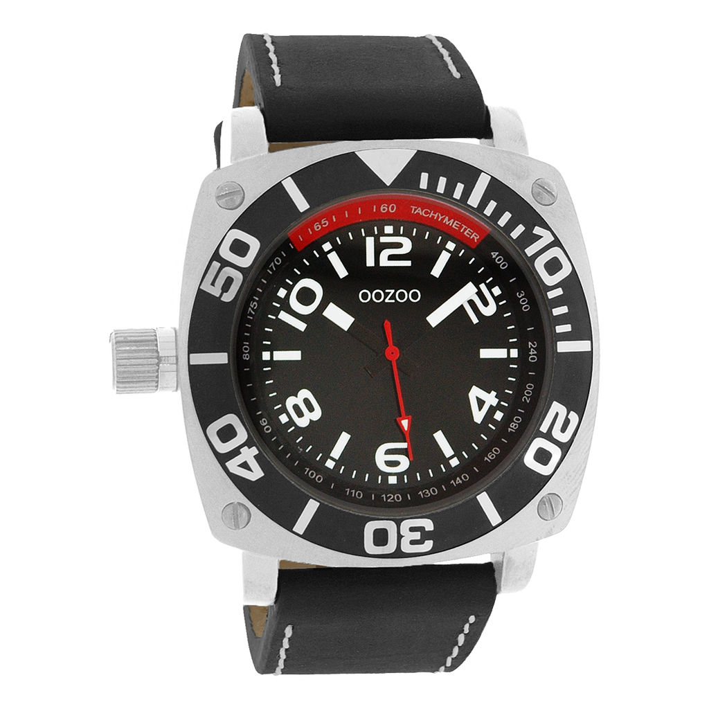 Silver coloured OOZOO watch with black leather strap - C2281