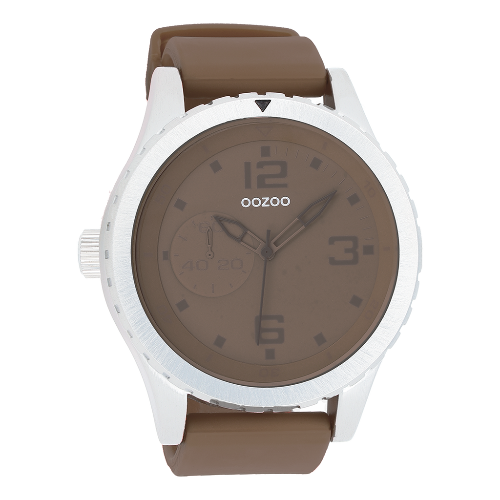 Zilverkleurige OOZOO horloge met donker bruine rubber band - C3672