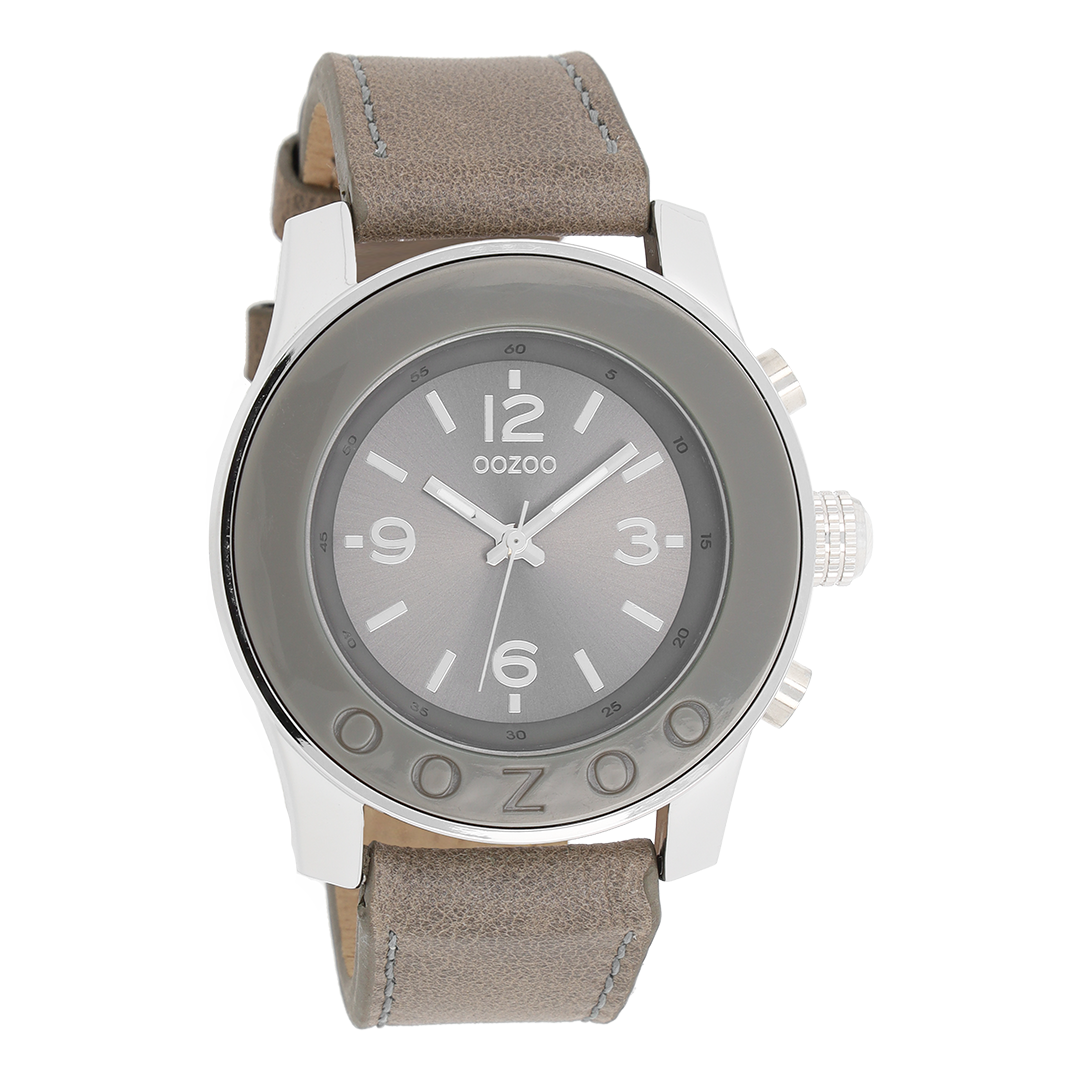 Silver coloured OOZOO watch with grey leather strap - C4567
