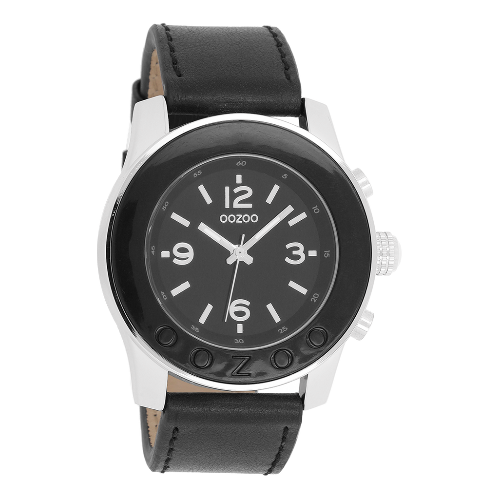 Silver coloured OOZOO watch with black leather strap - C4569