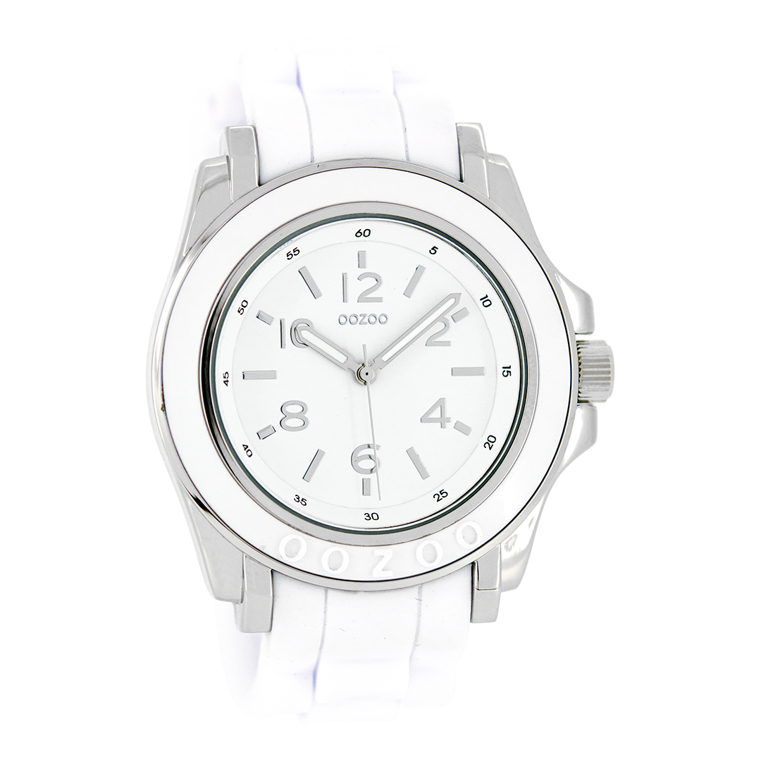 Silver coloured OOZOO watch with white rubber strap - C4915