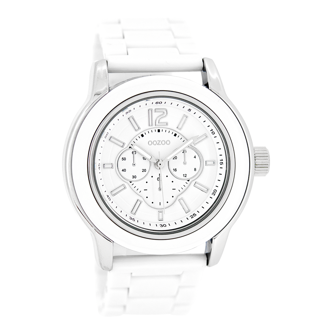 Silver coloured OOZOO watch with white plastic watch strap - C4940