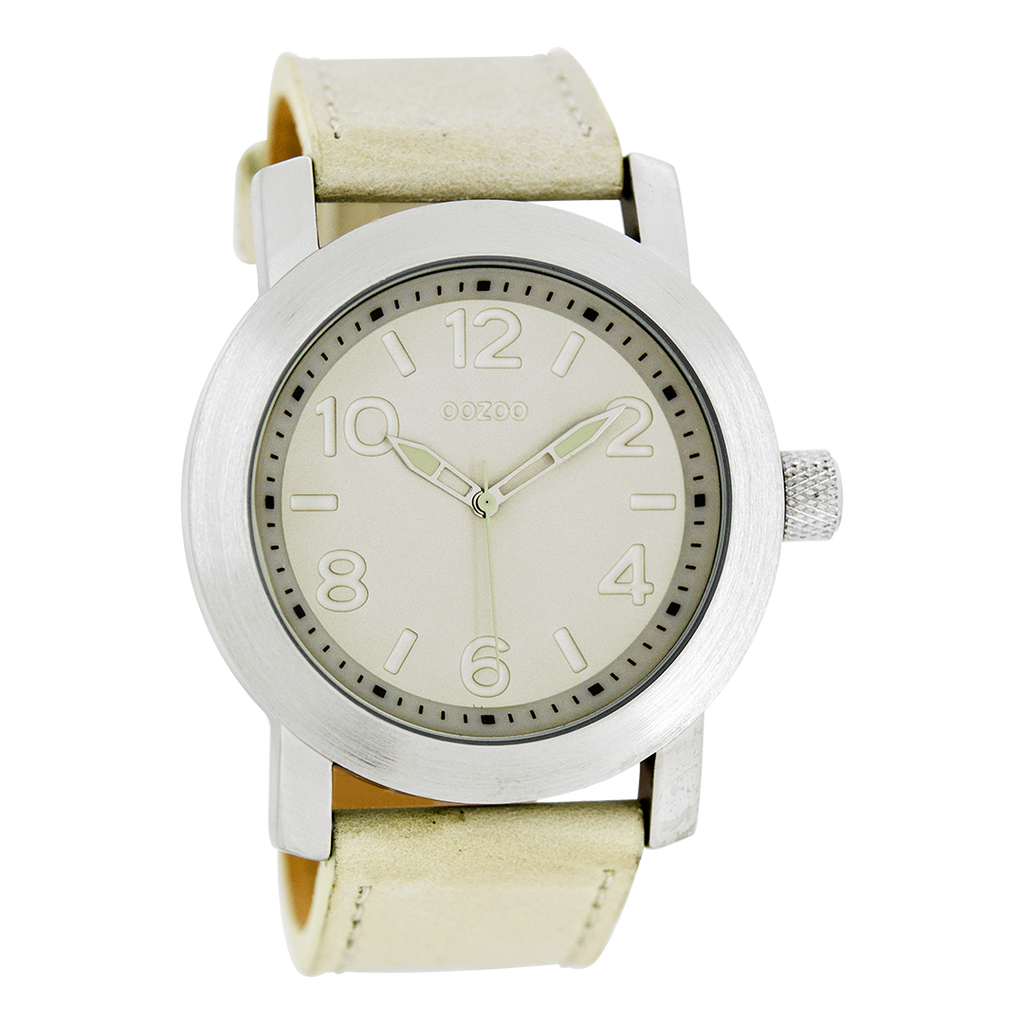 Silver coloured OOZOO watch with beige leather strap - C5150