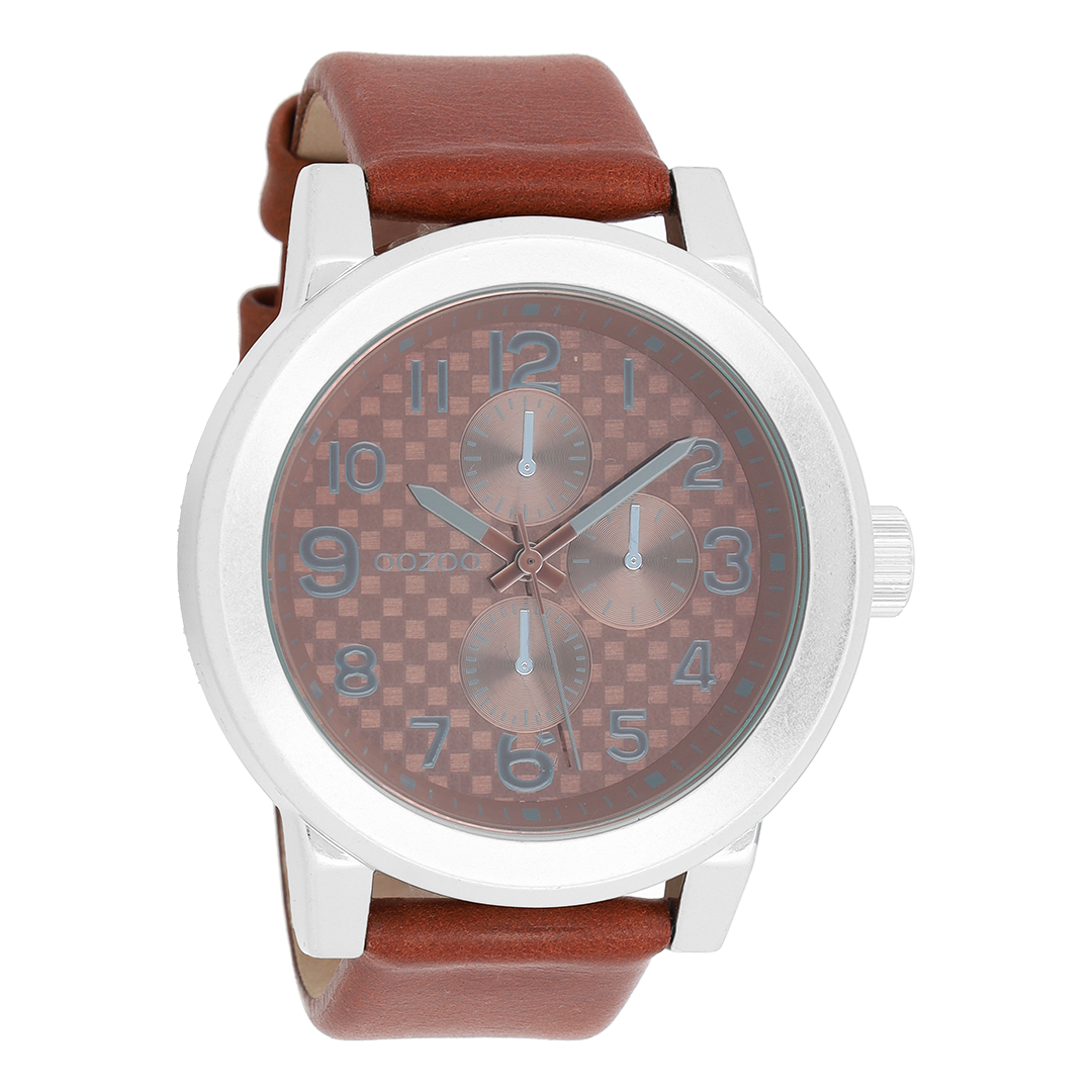 Silver coloured OOZOO watch with brown leather strap - C5582