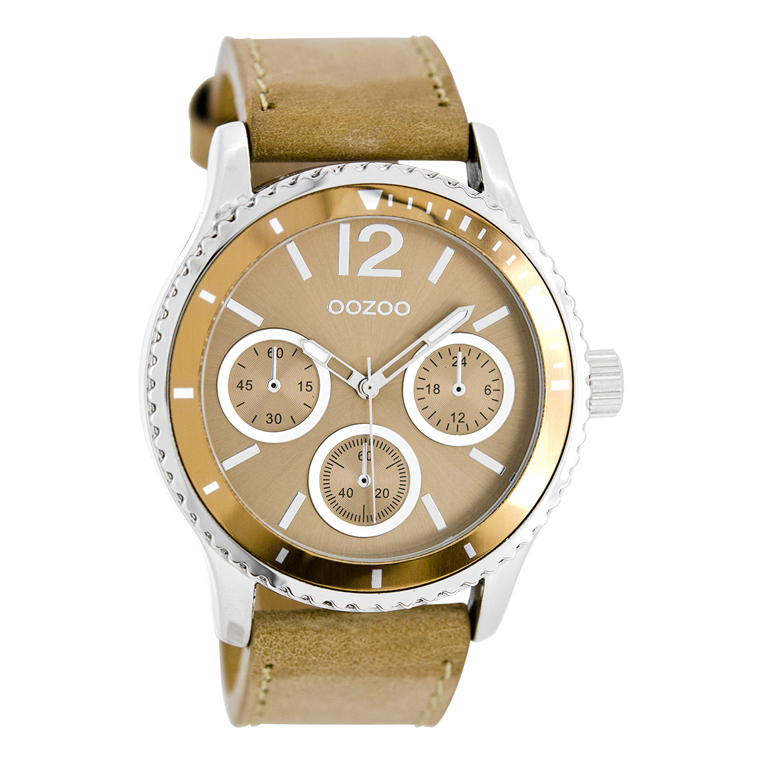 Silver coloured OOZOO watch with sand leather strap - C5676