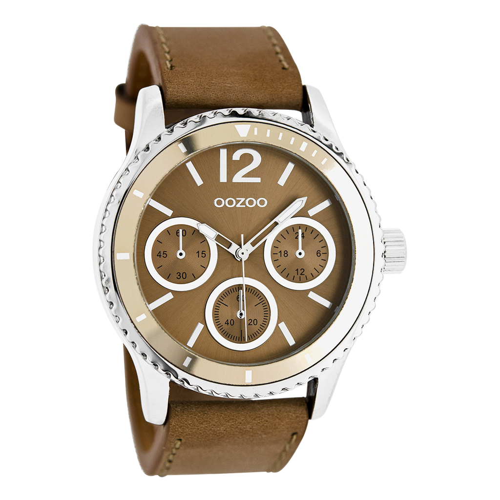 OOZOO Montre en couleur argent avec bracelet en cuir en marron - C5677