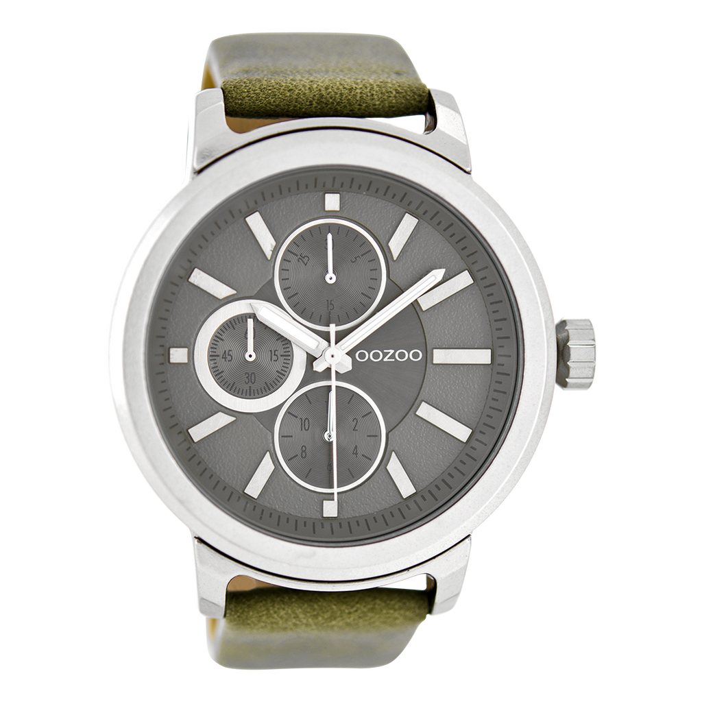 Silver coloured OOZOO watch with green grey leather strap - C6066