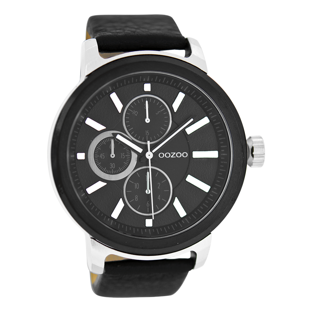 Silver coloured OOZOO watch with black leather strap - C6069