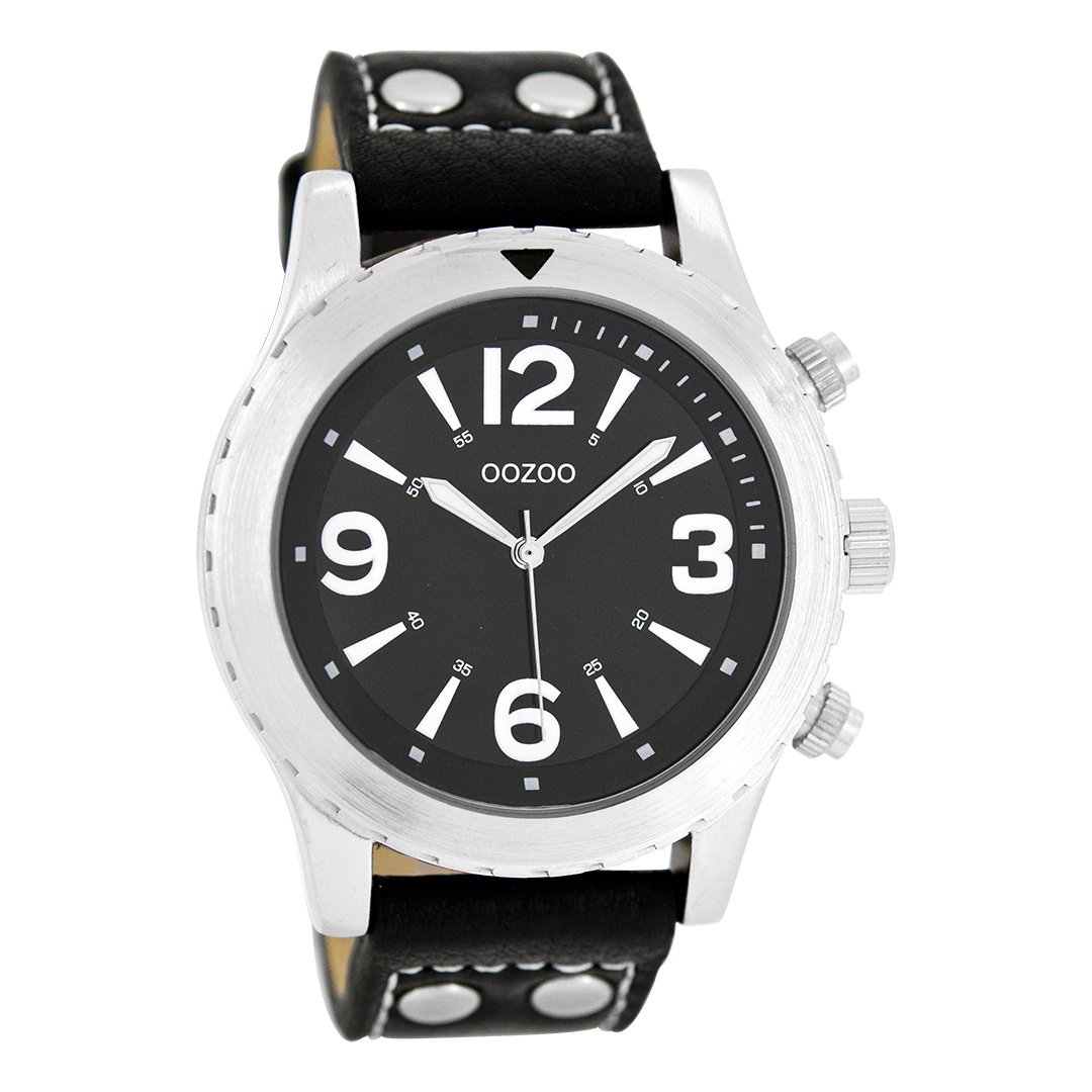 Silver coloured OOZOO watch with black leather strap - C6113