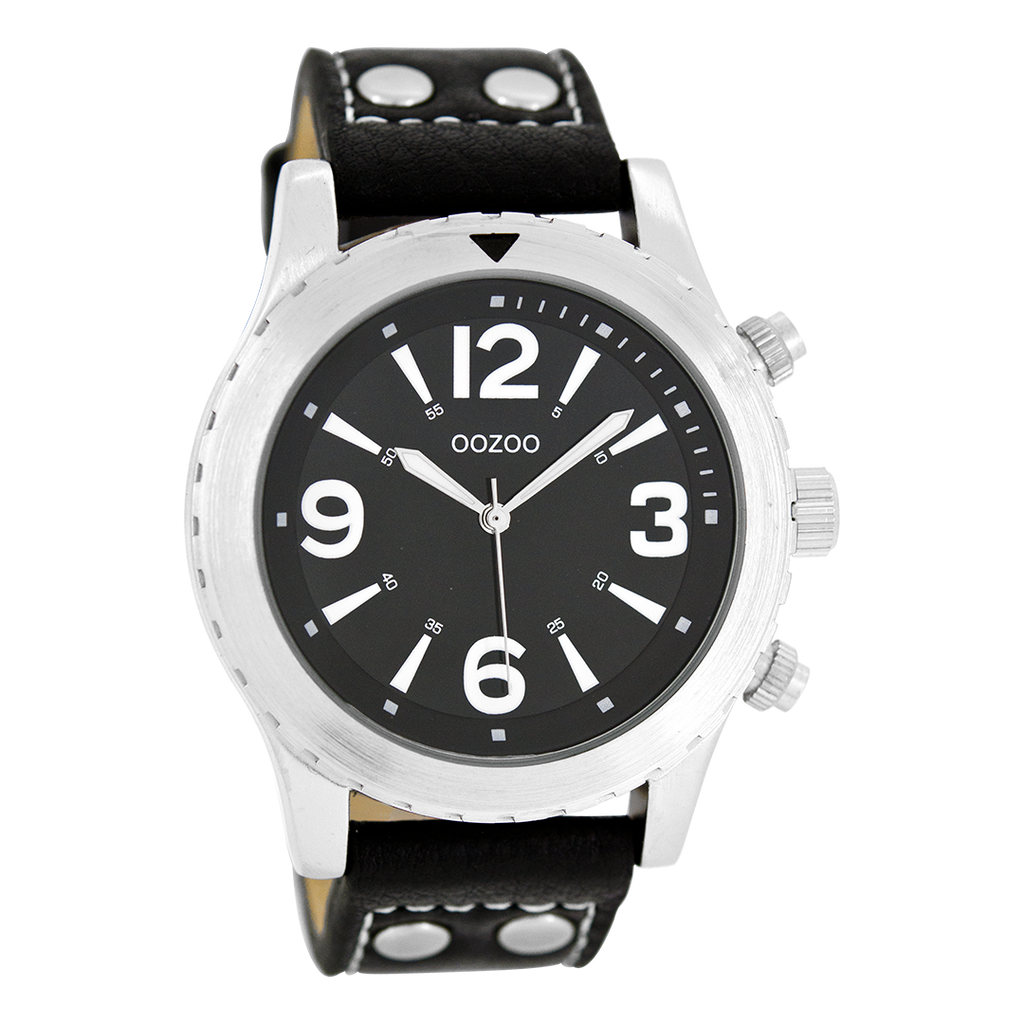 Zilverkleurige OOZOO horloge met zwarte leren band - C6113