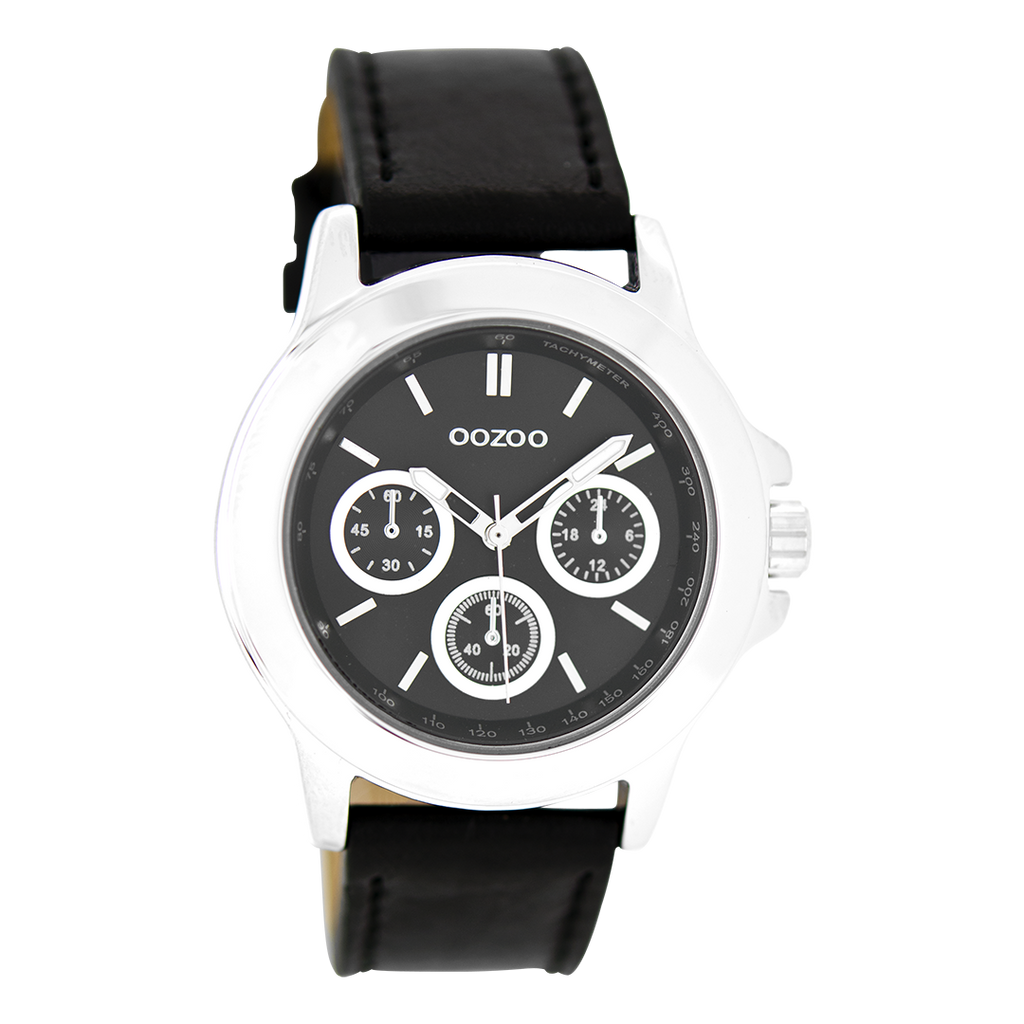 Silver coloured OOZOO watch with black leather strap - C6189