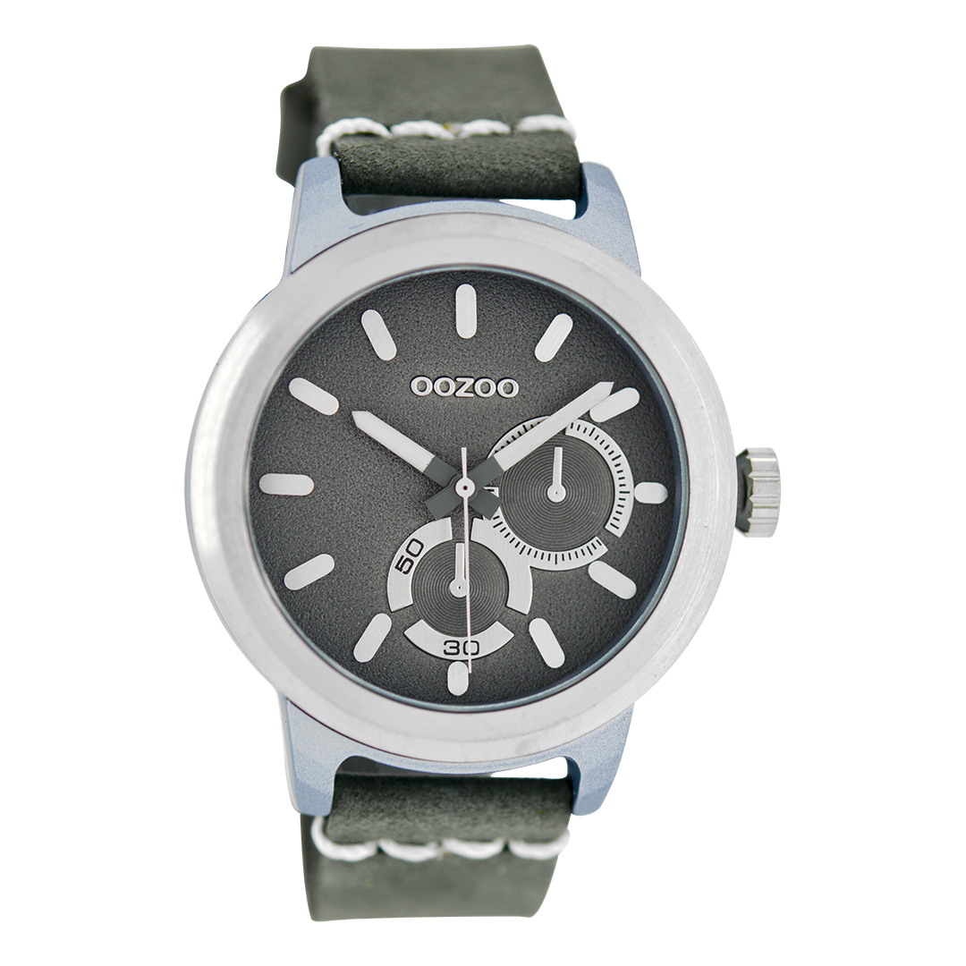 Silver coloured OOZOO watch with aqua grey leather strap - C6207