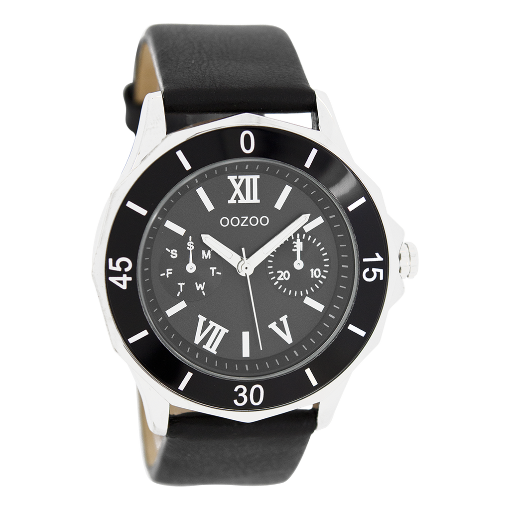 Silver coloured OOZOO watch with black leather strap - C6259