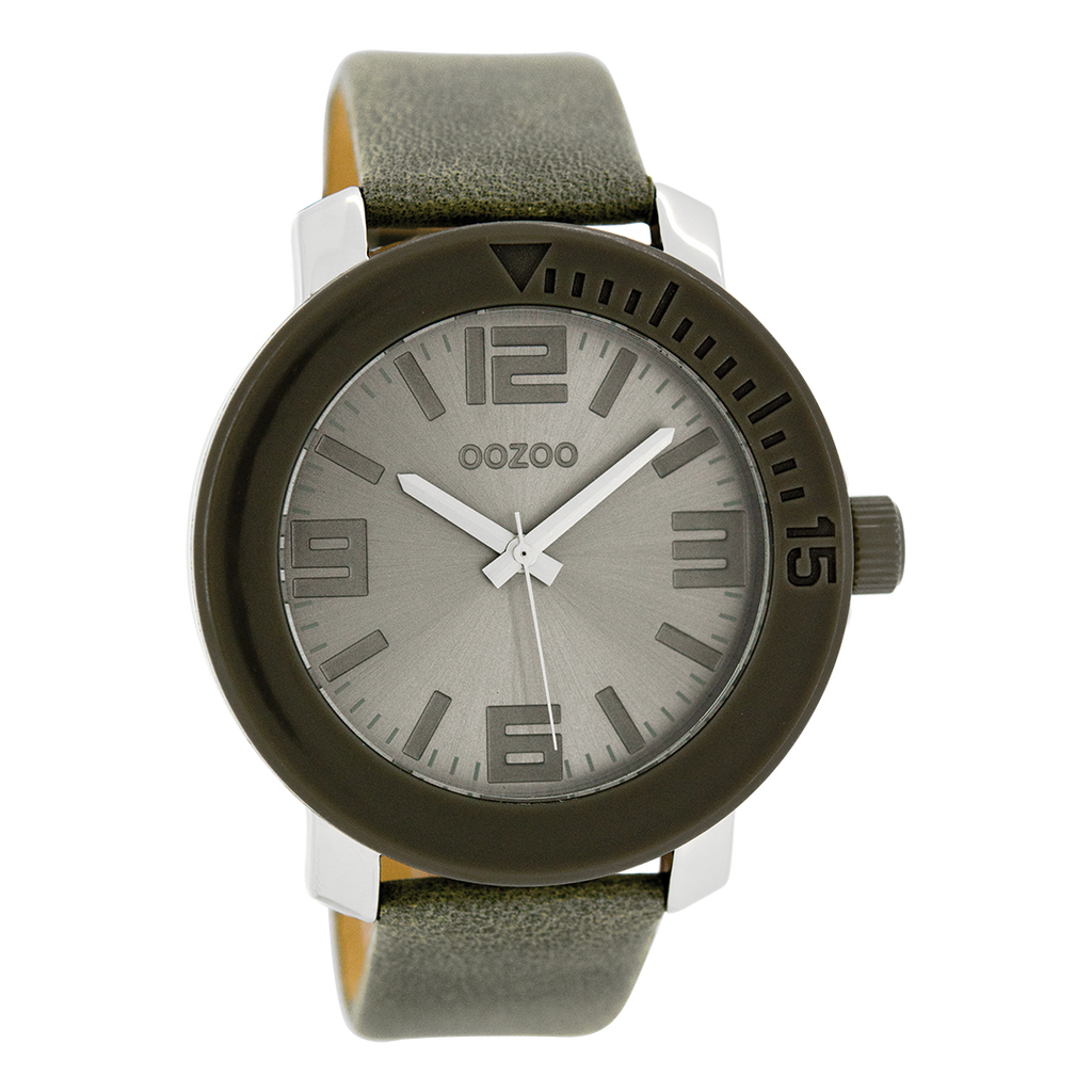 Zilverkleurige OOZOO horloge met grijze leren band - C6263
