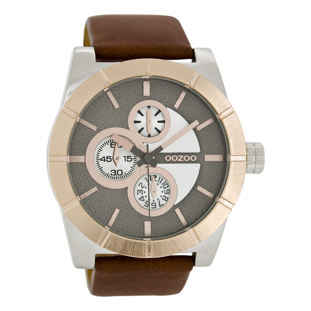 Silver coloured OOZOO watch with brown leather strap - C6432