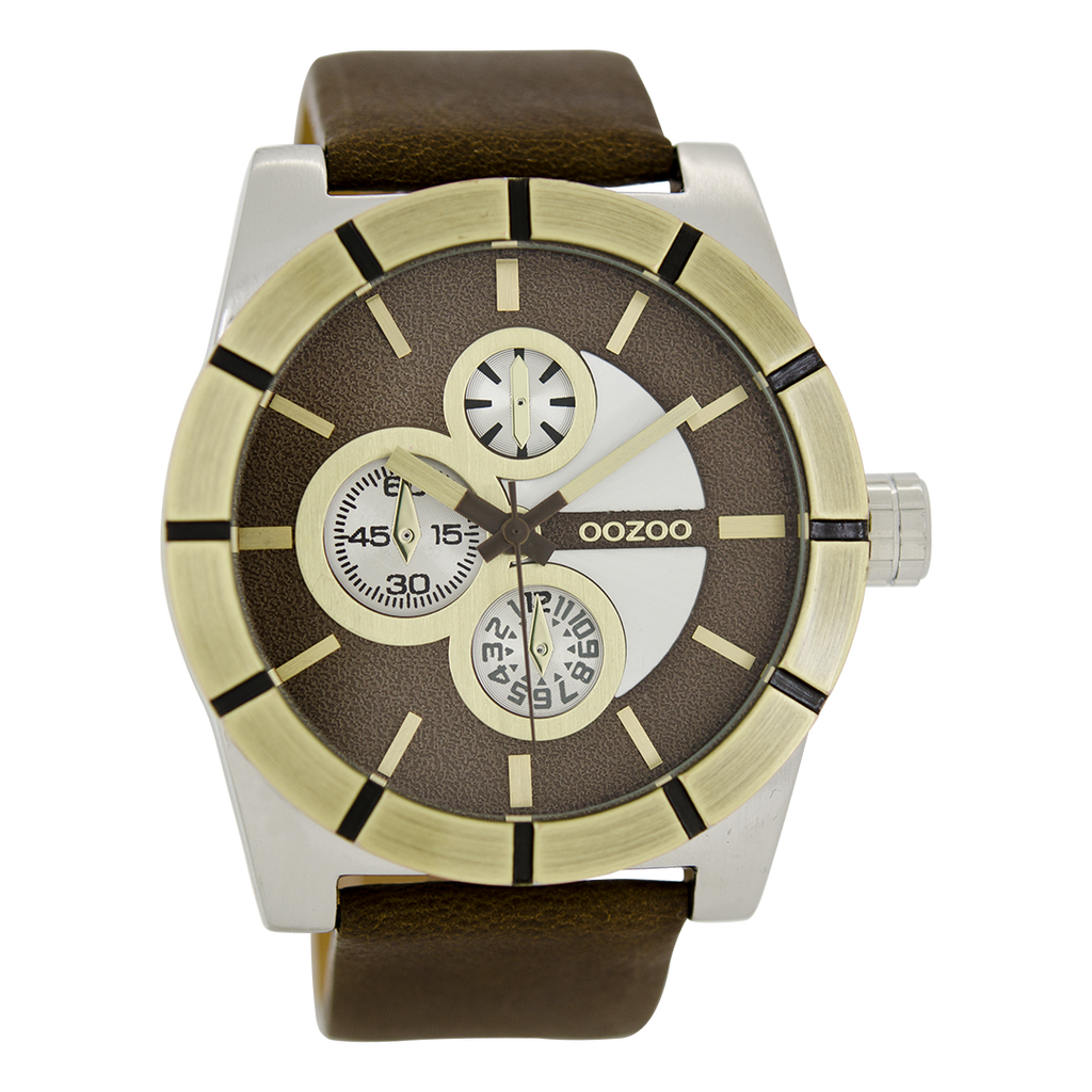 Silver coloured OOZOO watch with dark brown leather strap - C6433