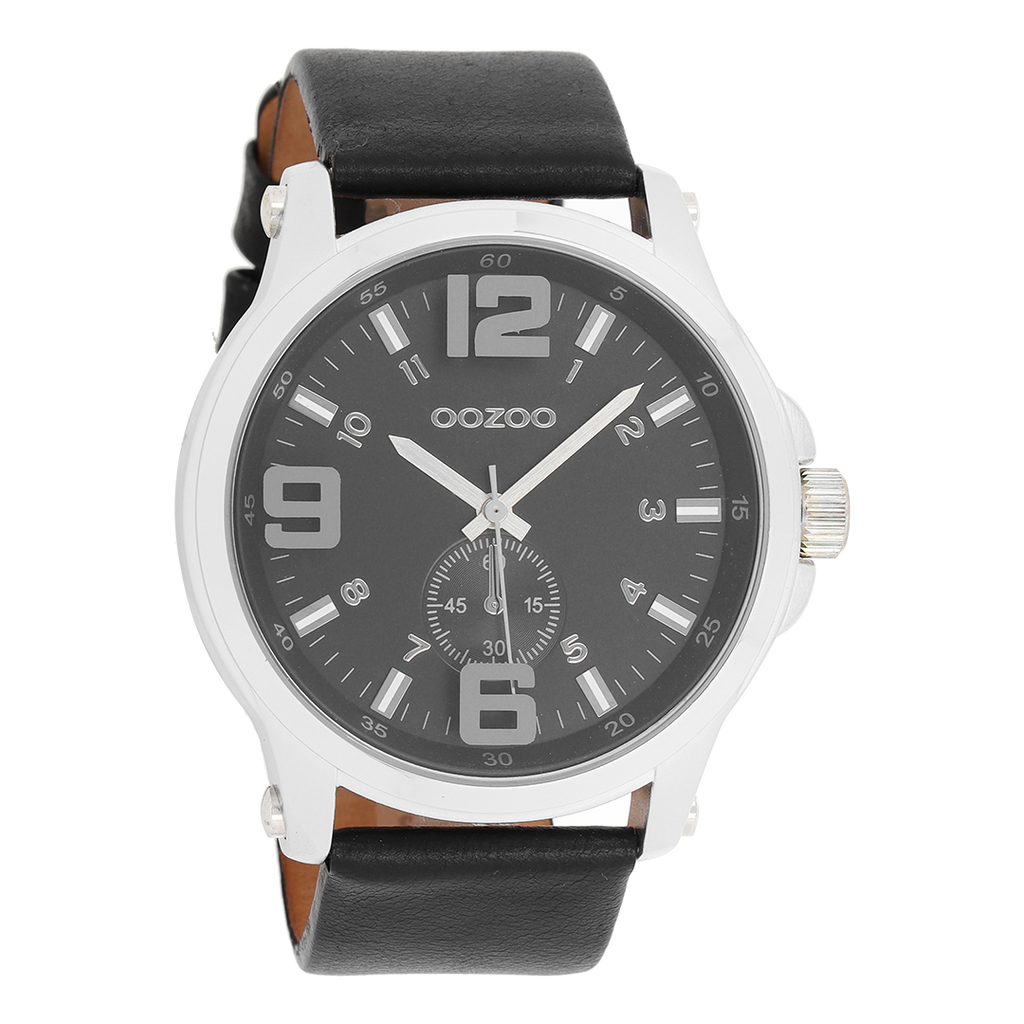 Zilverkleurige OOZOO horloge met zwarte leren band - C6459