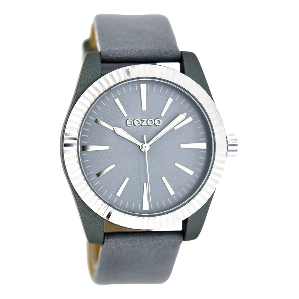 Silver coloured OOZOO watch with aqua grey leather strap - C6517