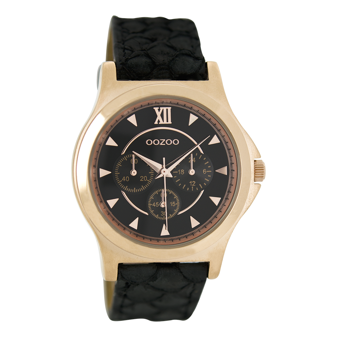 OOZOO Montre en couleur or rose avec bracelet en cuir en noir - C6574