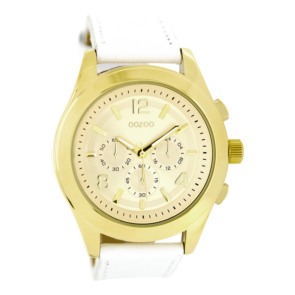 Gold coloured OOZOO watch with white leather strap - C6588