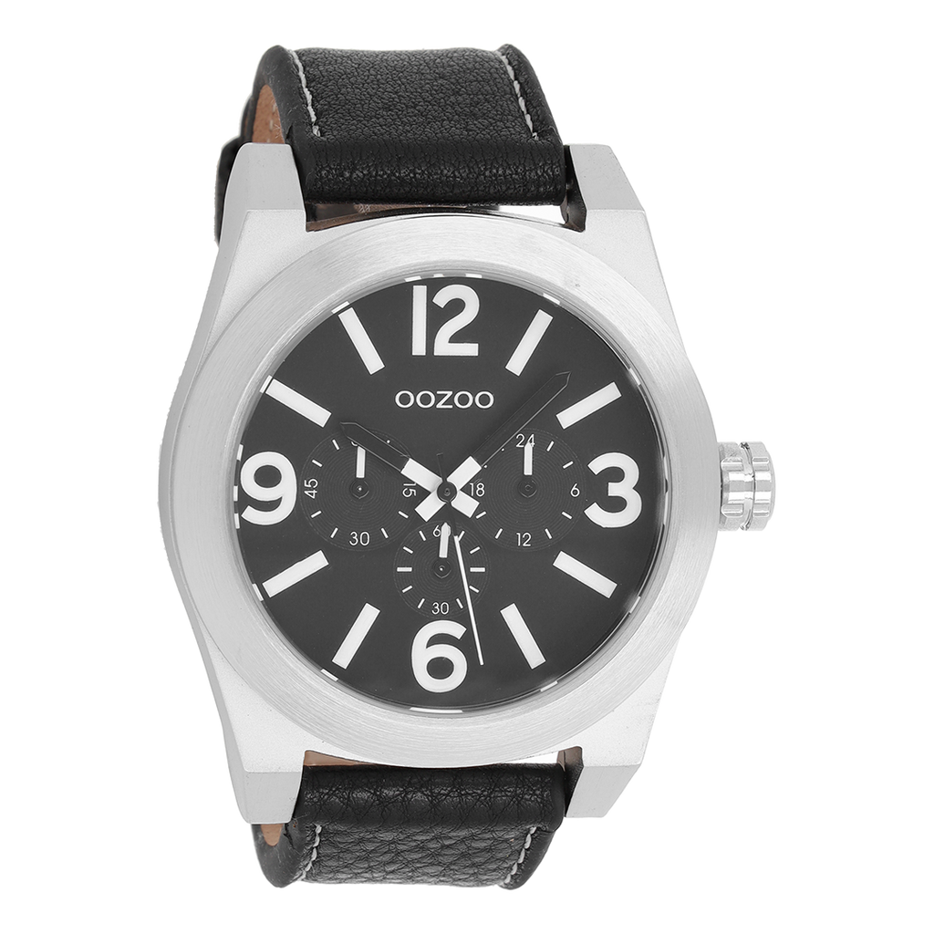 Silver coloured OOZOO watch with black leather strap - C6734
